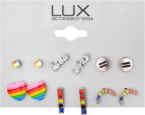 Miniatura 2 de Lux Accessories Juego de 6 aretes de tuerca Rainbow Equal Love Gay Pride, Diamante de imitación