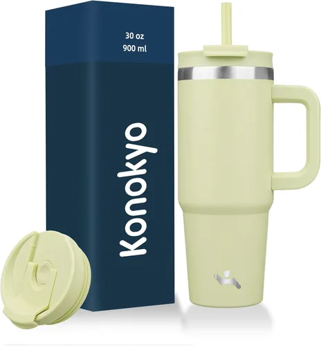 Miniatura 34 de Konokyo - Vaso de 40 onzas con asa y 2 pajillas, botella de agua aislada 2 en 1 con tapa. Taza de viaje de acero inoxidable para café, flores