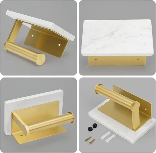 Miniatura 5 de Soporte de papel higiénico dorado cepillado con estante de mármol, soporte de papel higiénico montado en la pared de acero inoxidable 304, soporte