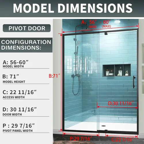 Miniatura 3 de GroGro Puerta de ducha de vidrio pivotante semi-sin marco de 56-60" de ancho x 71" de alto, puerta de ducha pivotante con vidrio templado SGCC Mate