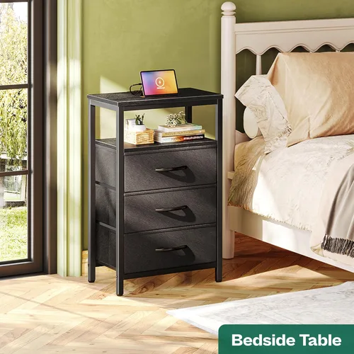 Miniatura 2 de Huuger - Mesita de noche con estación de carga, mesa auxiliar de 27.6 pulgadas con cajones de tela, mesa de noche con puertos USB y tomas de Negro