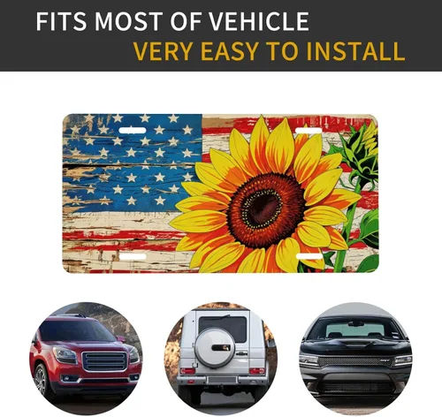 Miniatura 5 de Placa delantera retro con bandera americana y girasol para auto de mujer, placas decorativas de aluminio metálico, linda placa novedosa para hombre