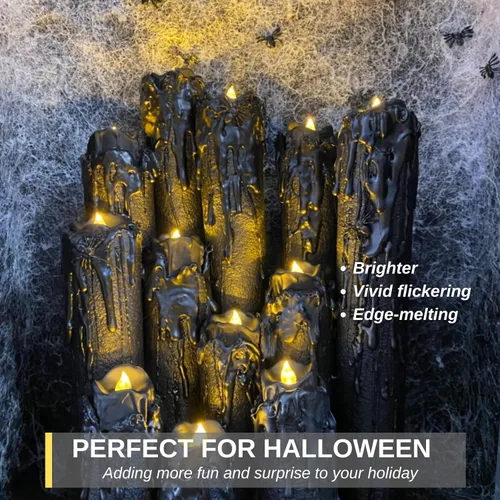 Miniatura 3 de Homemory Paquete de 24 velas de té sin llama de Halloween, color negro, funciona con pilas, velas LED parpadeantes, seguras para calabazas, negro