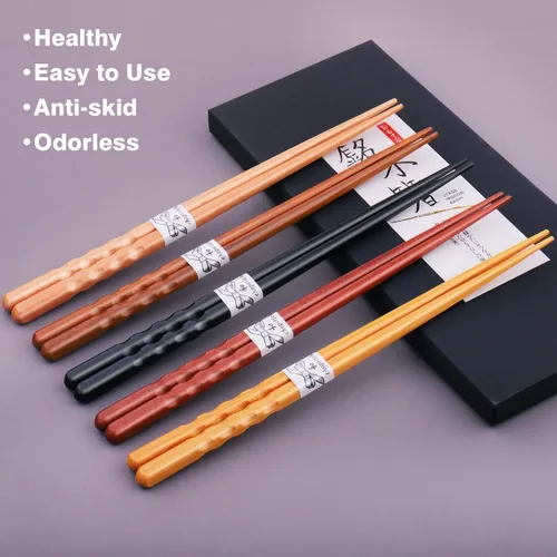 Miniatura 2 de GLAMFIELDS Palillos Reutilizables de Madera Natural Japonesa 5 Pares Estilo Clásico Ligeros Tallados a Mano Seguros Palillos 8.8 Pulgadas/22.5cm
