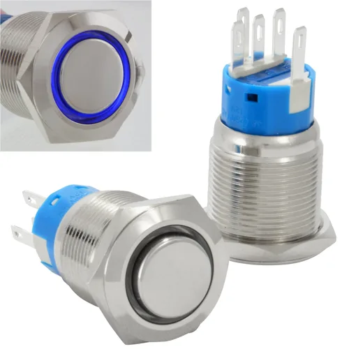 Miniatura 10 de JacobsParts Interruptor de arranque momentáneo de acero inoxidable plateado con LED azul para orificio de corte de panel de 1/2" (12 mm) de diámetro