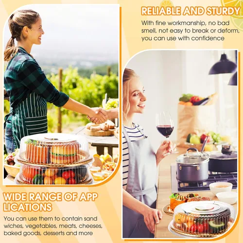 Miniatura 6 de Nitial 12 Piezas Bandejas de Servicio Resistentes con Tapa Transparente, Bandejas Redondas Elegantes Doradas para Catering Desechables Platos