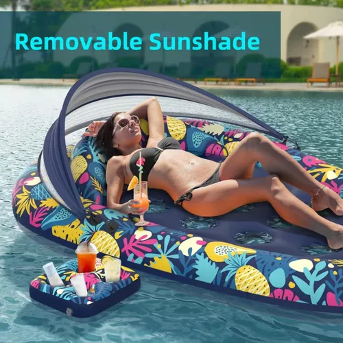 Miniatura 6 de Sunikko X Flotadores de piscina 3 en 1 con soporte para toldo, flotadores grandes de 73 x 48 pulgadas para adultos, resistente, tumbona inflable