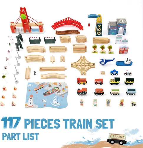 Miniatura 4 de Giant bean Juego de 117 piezas de tren Busy Port City para niños, juego de vías de tren de madera ampliables y cambiables, juguete grande de Navidad