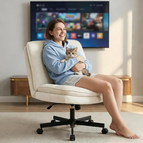 Miniatura 7 de GTPLAYER Silla de oficina con patas cruzadas, silla de escritorio sin brazos, bonita silla de tocador con ruedas, silla de computadora, cómoda silla