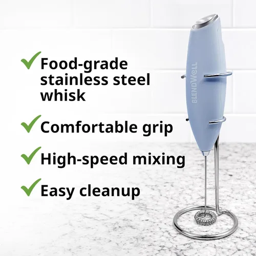 Miniatura 4 de BlendWell Espumador de leche eléctrico para matcha y café, mezclador de bebidas de mano con batería, con soporte, batidor de acero inoxidable, azul