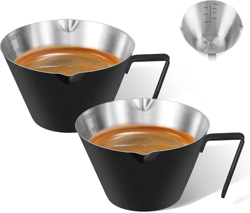2 piezas de tazas de espresso de acero inoxidable con asa, taza medidora de metal de doble boquilla con doble escala, taza de espresso con boca en
