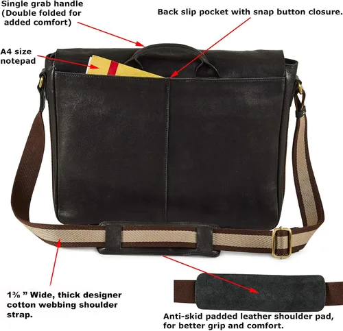 Miniatura 5 de Bolso de cuero real para computadora portátil, para hombres y mujeres, estilo vintage, estilo mensajero, bolso de hombro hasta 16 pulgadas
