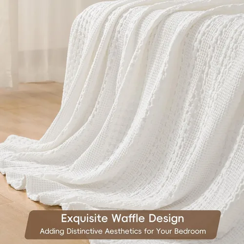 Miniatura 4 de PHF - Manta de punto gofre 100% algodón individual, suave, ligera, transpirable, acogedora, de verano, para cama, tejida, estética, decoración