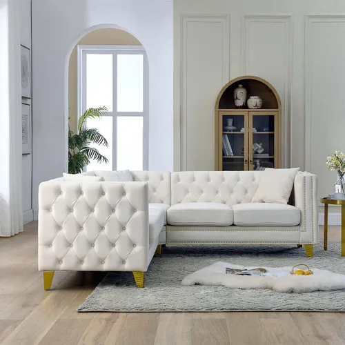 Miniatura 3 de Antetek Sofás en forma de L para sala de estar, moderno sofá de terciopelo con botones y reposabrazos cuadrados incrustados con cabezas de uñas Beige