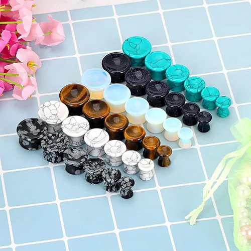 Miniatura 25 de Qmcandy - Juego de 6 pares / 16 pares de dilatadores para las orejas, de piedra mixta, expansores, conjunto de perforación corporal calibre 8G a 3/4
