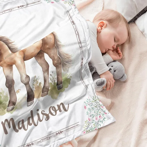 Miniatura 3 de Manta de bebé personalizada con caballo, manta de bebé para niña, manta floral para bebé con nombre que recibe manta de bebé, manta de felpa suave