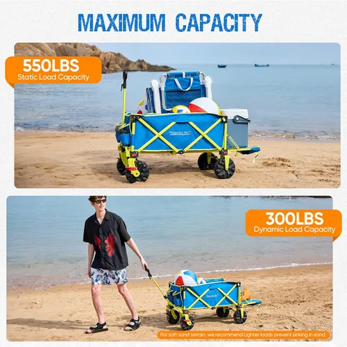 Miniatura 7 de Old Bahama Bay Carro de Playa Extra Largo de 300lbs 124 cm de Largo con Ruedas Grandes con Freno para Arena, Carro de Playa Plegable Utilitario