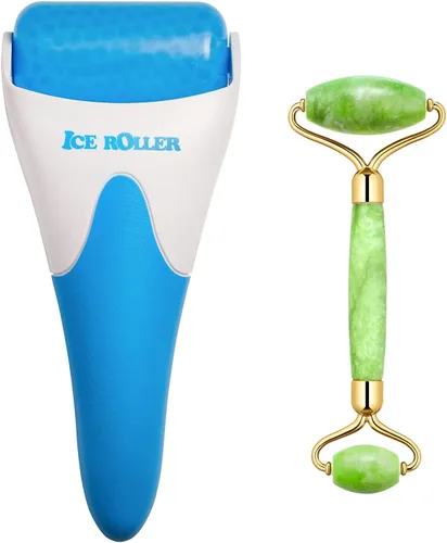 AECW Rodillo de jade + rodillo de hielo) Rodillo de hielo 2 en 1 para alivio de la hinchazón de la cara y los ojos y rodillo de jade para cara,