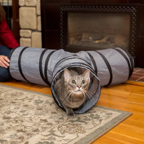 Miniatura 4 de PetLike Túnel para gatos (con juguete interactivo para gatos y juguete de hierba gatera) para gatos de interior, tubo plegable para mascotas, gris