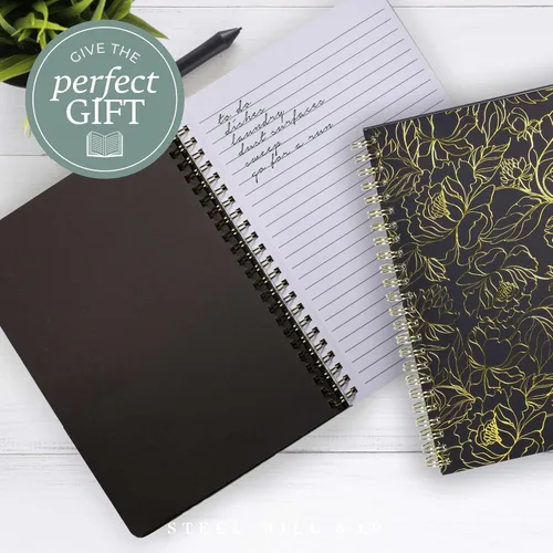 Miniatura 5 de Steel Mill & Co - Lindo cuaderno en espiral negro, diario de 8.25 x 6.25 pulgadas con tapa dura duradera y 160 páginas forradas, diseño floral