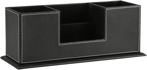 Miniatura 5 de KINGFOM Organizador de escritorio para suministros de oficina, caja de almacenamiento de piel sintética, 4 compartimentos divididos para bolígrafos