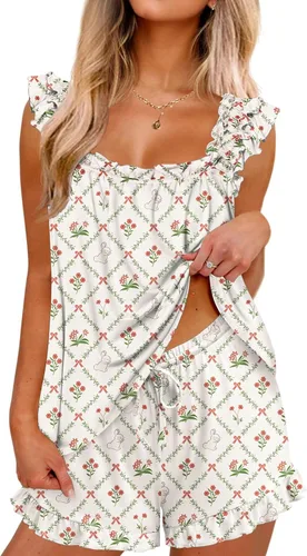 Miniatura 14 de Ekouaer Conjunto de pijama para mujer, conjunto de 2 piezas con volantes, camiseta sin mangas suave y pantalones cortos, conjunto de pijama de novia