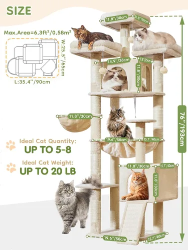 Miniatura 6 de Taoqimiao - Árbol para gatos de 76 pulgadas con postes para rascar, torre XXL para gatos grandes con tablero para rascar, hamaca extragrande