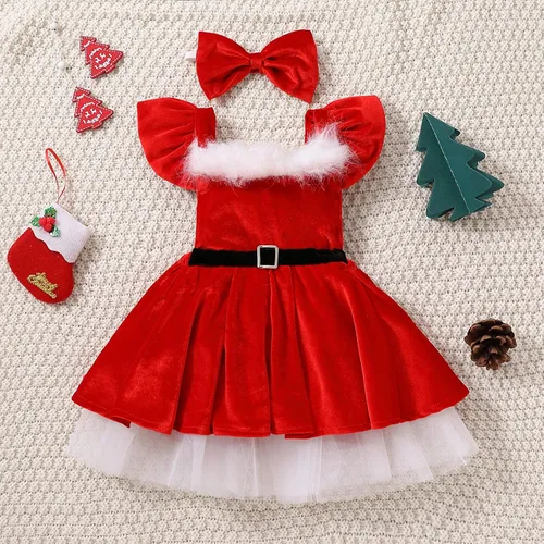 Miniatura 3 de ZIYIXIN Vestido de terciopelo de Navidad para niña pequeña, vestido de tul de princesa roja con sombrero de Papá Noel, trajes lindos para fiesta