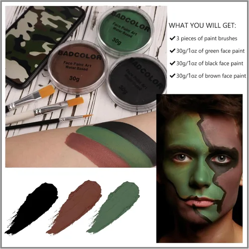 Juego de pintura facial de camuflaje negro verde marrón con pinceles, kit de pintura facial a base de agua para camuflaje militar, caza y paintball,