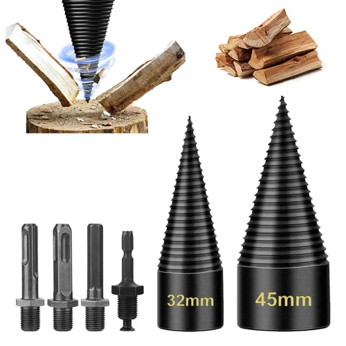 Juego de brocas para dividir leña de 45+32 mm, juego de brocas para leña en llamas y kindling con diseño desmontable, tornillo en forma de cono