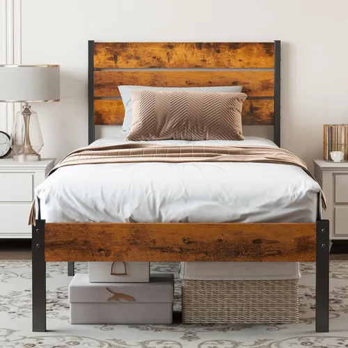 Sweetcrispy Base de cama de plataforma de metal tamaño individual – Base de colchón con cabecera y estribo, no necesita somier, con soporte de