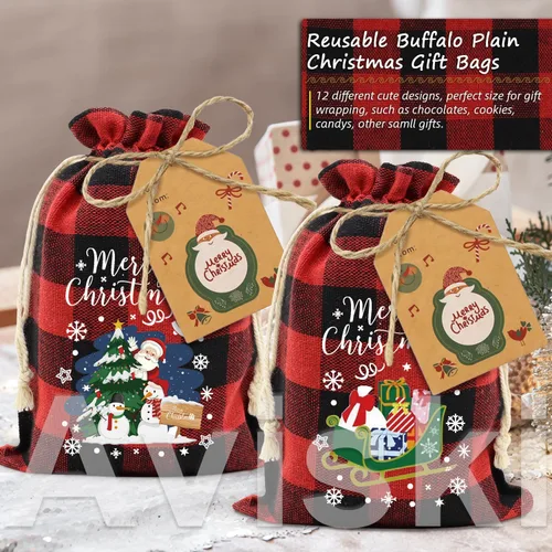 Miniatura 4 de 72 bolsas de regalo navideñas medianas de algodón con cordón de cuadros búfalo, bolsas de dulces navideños de algodón, bolsas pequeñas de tela Medio