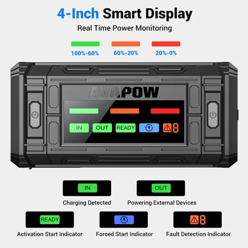 Miniatura 3 de AVAPOW TJ18 5000A batería arrancador portátil con pantalla HD de 4 pulgadas, PD de 18 W, carga rápida, caja de salto de 12 V, arrancador de batería