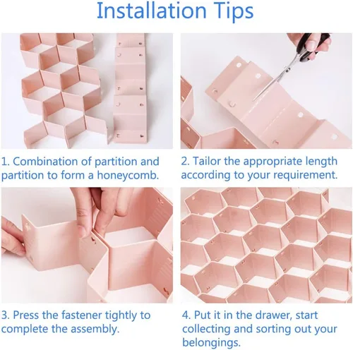 Miniatura 5 de Poeland Organizador de Cajones con Divisores Ajustables DIY en Malla de Panal de Abejas para Ropa Interior, Cinturones, Bufandas, Calcetines, Rosa