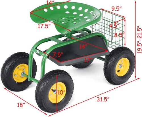 Miniatura 3 de Giantex Asiento de trabajo de jardín rodante, asiento de trabajo de jardinería giratorio 360 con ruedas, cesta de herramientas, altura ajustable