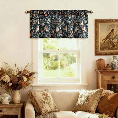 Miniatura 17 de VOGOL Cenefa de pájaro y bayas, decoración clásica de ventana de campo americano con estampado botánico, cortina de bolsillo para barra fácil