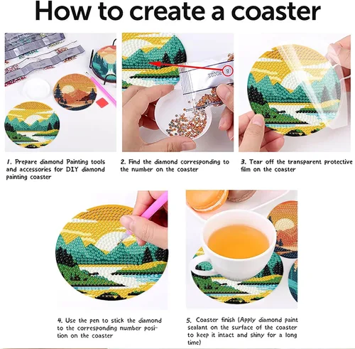 Miniatura 9 de Clendo Juego de 8 posavasos de arte de diamantes de paisaje con soporte, kits de arte de diamantes pequeños al atardecer para adultos principiantes