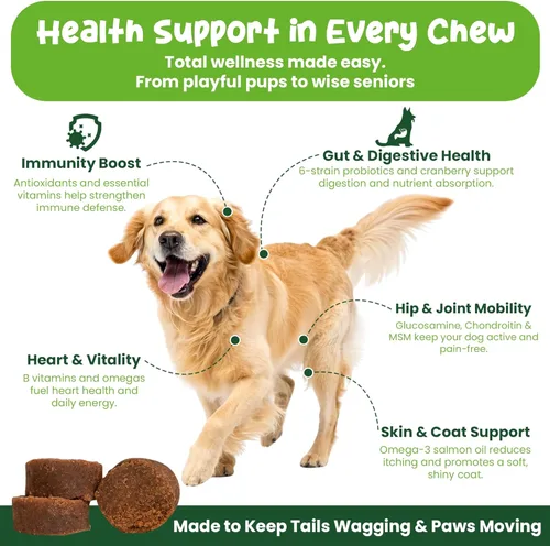 Miniatura 2 de Vibin' Tails Multivitamínico 24 en 1 para perros, glucosamina condroitina apoyo para cadera y articulaciones, probióticos y omega-3, piel y pelaje