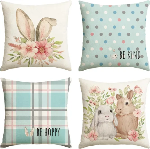 AVOIN colorlife Juego de 4 fundas de cojín de Pascua con diseño de búfalo y flor de conejo de Pascua Be Hoppy Bule, 18 x 18 pulgadas, diseño de