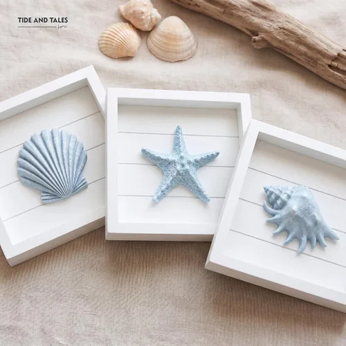Miniatura 9 de TideAndTales - Arte de pared 3D costero con diseño de conchas y estrellas de mar azules (juego de 3), decoración de pared de playa para baño