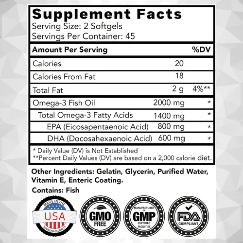 Miniatura 3 de tnvitamins Aceite de pescado omega-3 sin eructos: 2000 mg - 90 cápsulas blandas 1400 mg de ácidos grasos omega-3 totales (800 mg EPA y 600 mg DHA)