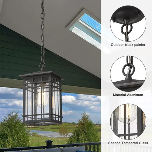 Miniatura 3 de Iluminación colgante para exteriores, farol colgante exterior, porche de granja, luces colgantes con vidrio sembrado en acabado negro, lámpara