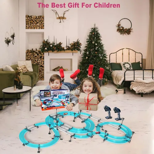 Miniatura 7 de Juegos de pistas de carreras de coches de ranura eléctrico a control remoto para niños, juego de carreras eléctrico recargable con controladores