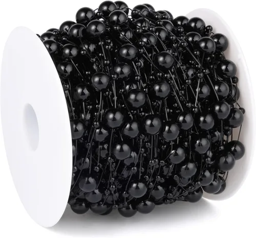 Miniatura 5 de Cadikez Cadena de 98 pies de cuentas de perlas, rollo de cuentas de perlas de imitación negras de 8 mm y 3 mm a granel para decoración de flores