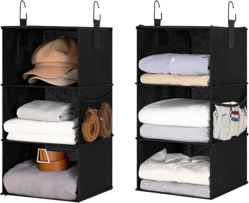 StorageWorks Organizador colgante de armario de 6 estantes, organizador de almacenamiento separable de dos 3 estantes con bolsillos laterales,