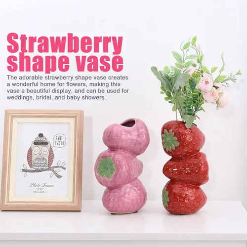 Miniatura 4 de Firlar Florero de cerámica con diseño de fresas para flores, decorativo, moderno, rosa, redondo, 4 x 3 x 8 pulgadas, boda, Navidad, regalo del día