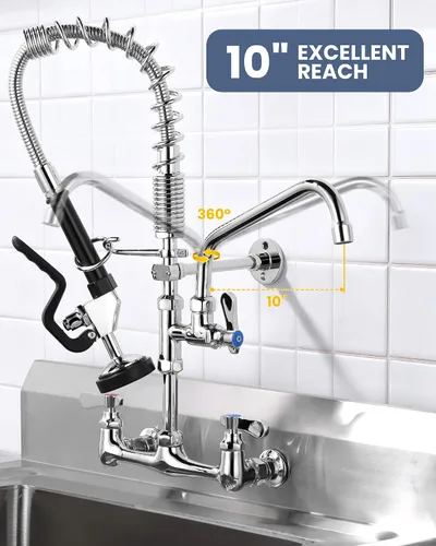 Miniatura 6 de Grifo de Cocina Comercial de Montaje en Pared con Rociador de Preenjuague Centro de 8 Pulgadas Grifo de Fregadero de Cocina de Montaje en Pared