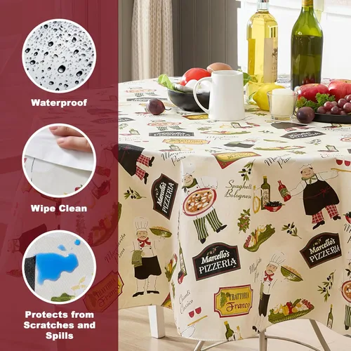 Miniatura 3 de Newbridge Mantel redondo de vinilo de 70 pulgadas con reverso de franela, chef italiano, chef italiano, para interiores y exteriores, impermeable