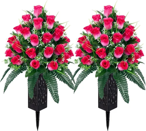 Miniatura 13 de LVXINLI 2 juegos de flores artificiales para cementerios, decoraciones de tumba al aire libre con rosas, hermosos arreglos florales con jarrón