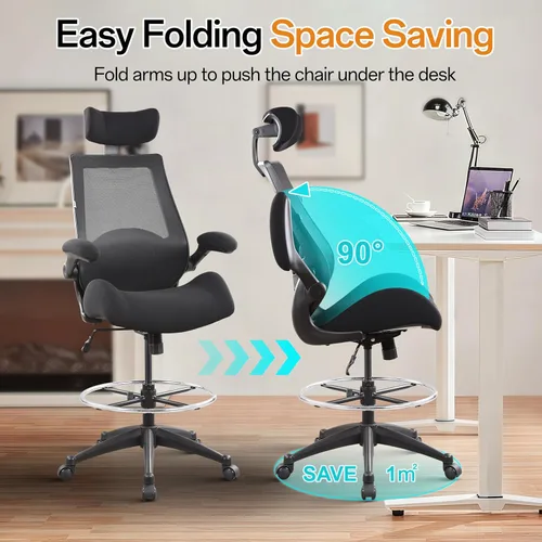 Miniatura 6 de BOLISS Silla de oficina alta de dibujo, 400 libras, respaldo alto, silla de escritorio ancha cómoda con reposabrazos abatibles, soporte lumbar, Negro